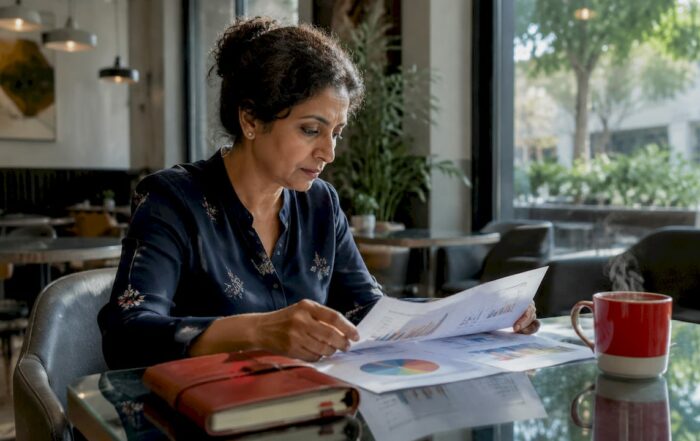 Professional woman reviewing market research reports