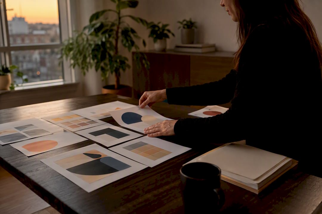 Hands sorting thematic research charts on desk